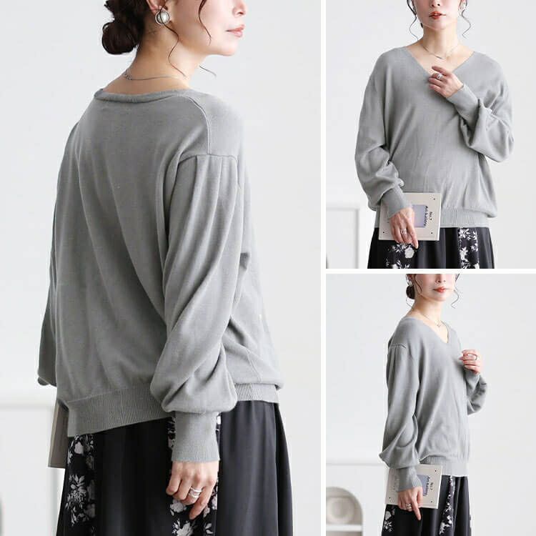 大きいサイズ レディース Vネックボリューム袖ハイゲージニット