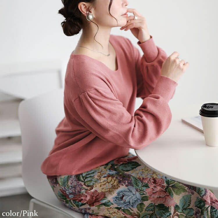 大きいサイズ レディース Vネックボリューム袖ハイゲージニット