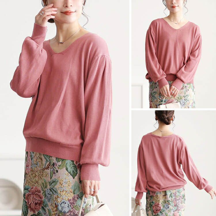 大きいサイズ レディース Vネックボリューム袖ハイゲージニット