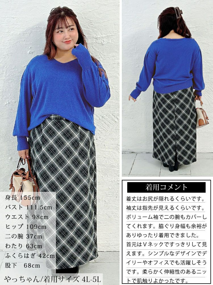 大きいサイズ レディース Vネックボリューム袖ハイゲージニット