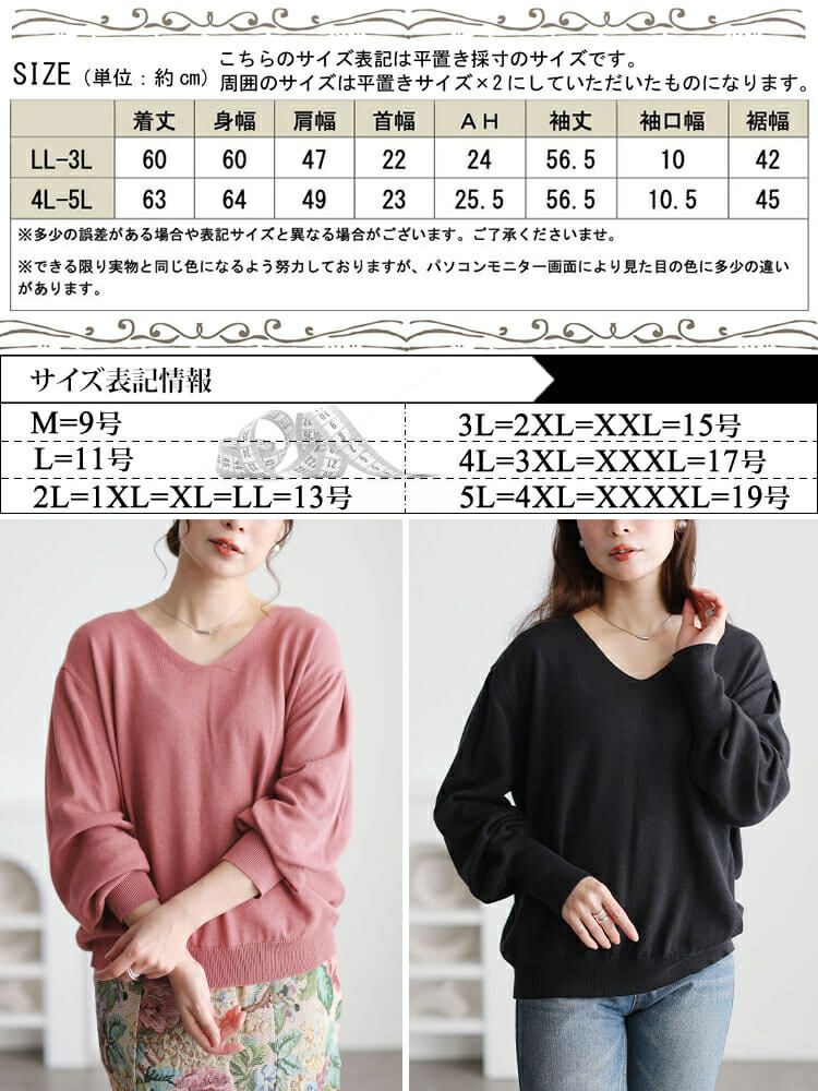 大きいサイズ レディース Vネックボリューム袖ハイゲージニット