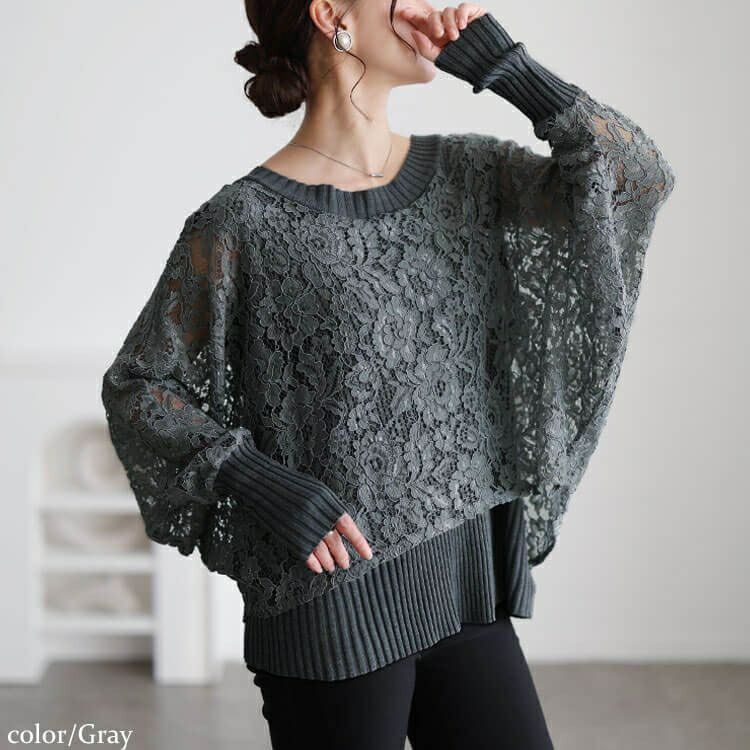 大きいサイズ レディース レースドルマン重ね着風リブニット