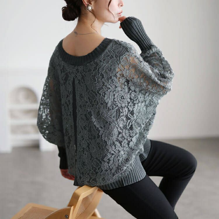 大きいサイズ レディース レースドルマン重ね着風リブニット