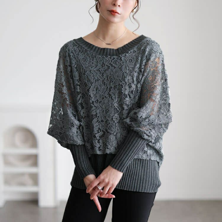 大きいサイズ レディース レースドルマン重ね着風リブニット