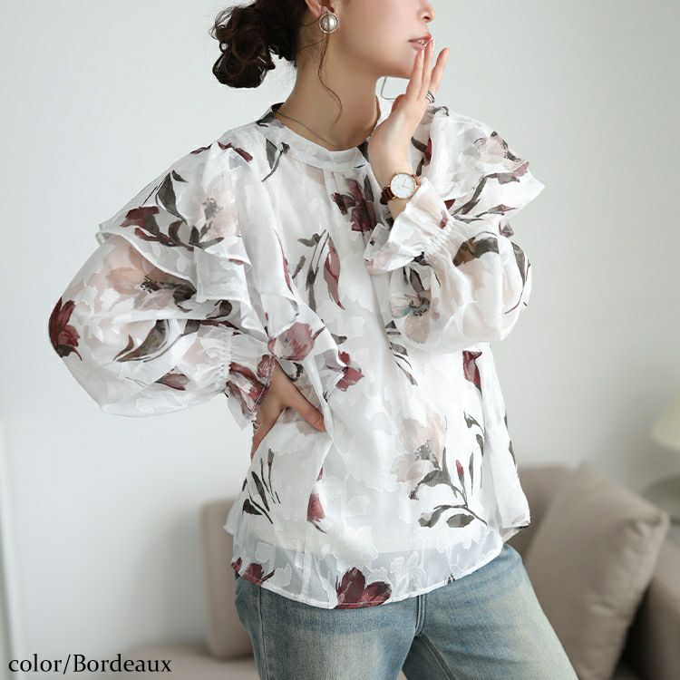 大きいサイズ レディース シアー花柄フリルショルダーブラウス