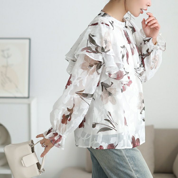 大きいサイズ レディース シアー花柄フリルショルダーブラウス