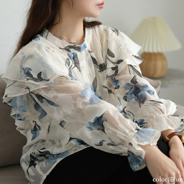 大きいサイズ レディース シアー花柄フリルショルダーブラウス
