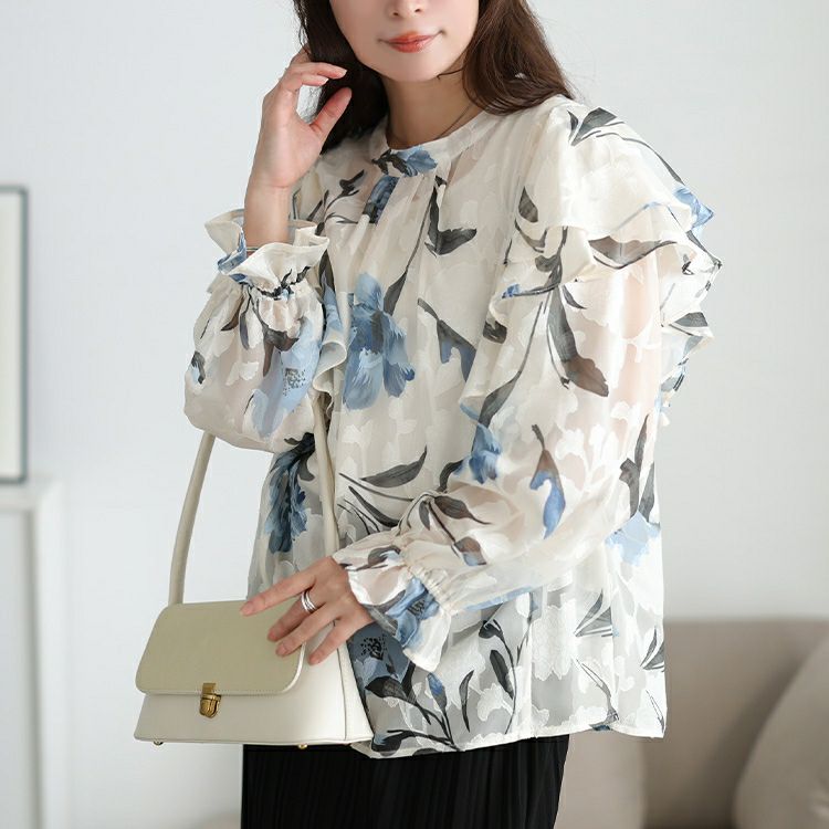 大きいサイズ レディース シアー花柄フリルショルダーブラウス