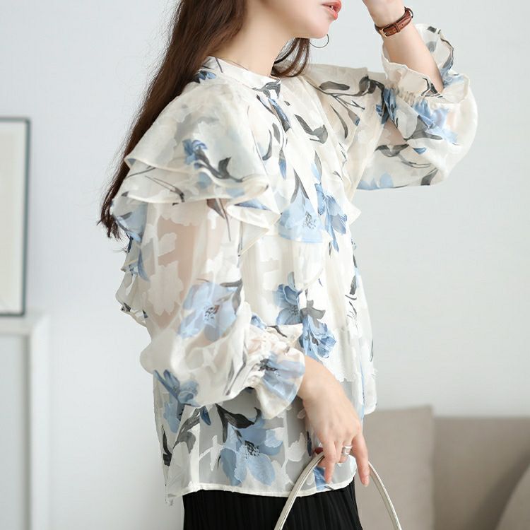 大きいサイズ レディース シアー花柄フリルショルダーブラウス