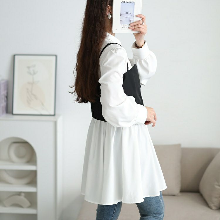 大きいサイズ レディース ペプラムシャツチュニック＆ビスチェ2点セット