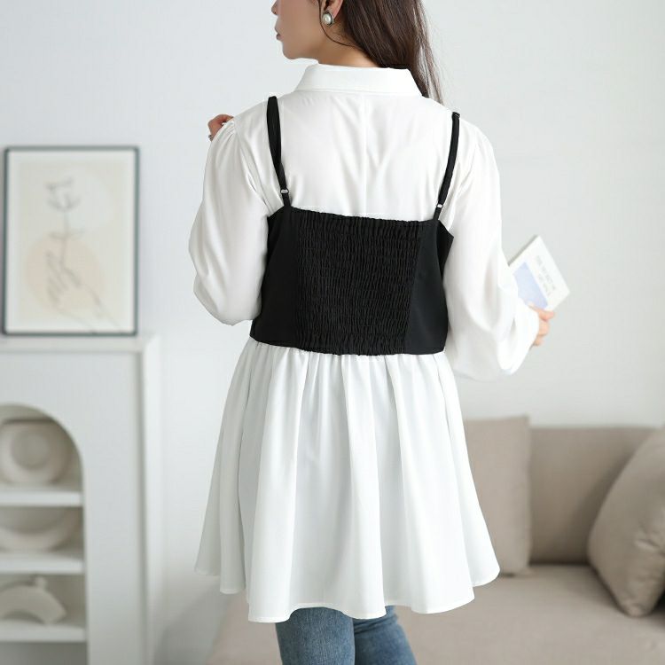 大きいサイズ レディース ペプラムシャツチュニック＆ビスチェ2点セット