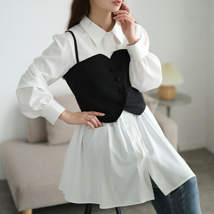 大きいサイズ レディース ペプラムシャツチュニック＆ビスチェ2点セット