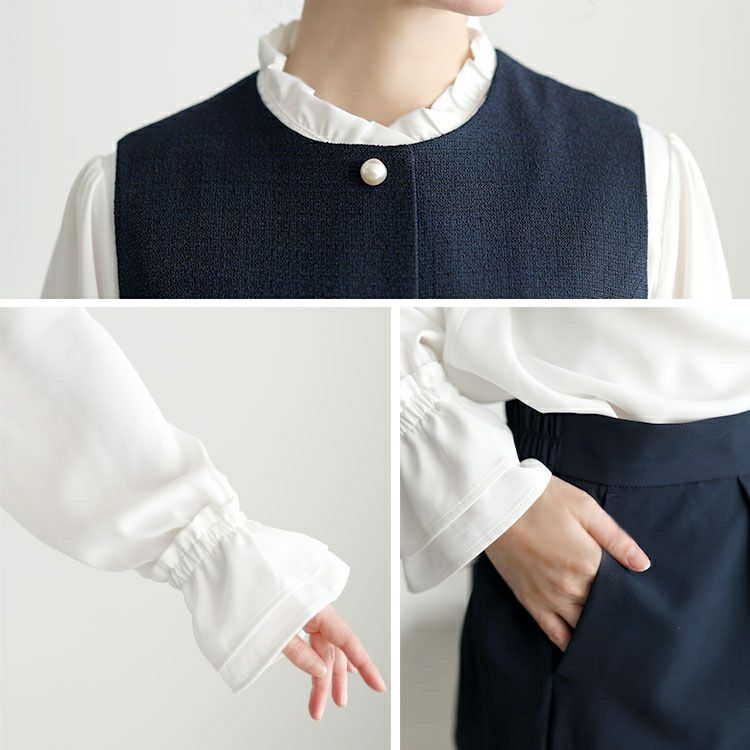 大きいサイズ レディース ツイードペプラムベスト＆テーパードパンツ＆キャンディスリーブブラウス3点セット