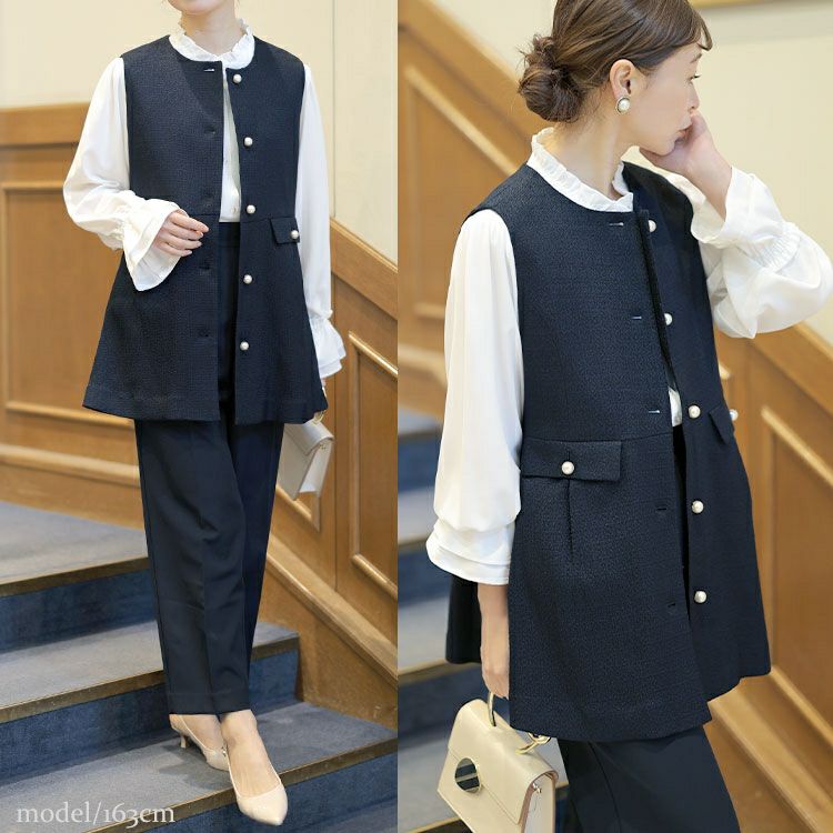 大きいサイズ レディース ツイードペプラムベスト＆テーパードパンツ＆キャンディスリーブブラウス3点セット