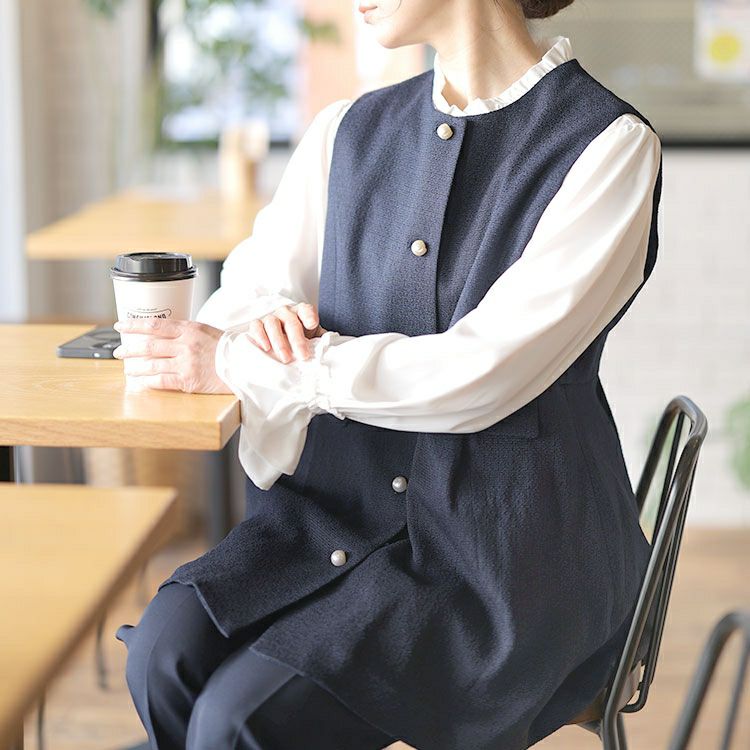 大きいサイズ レディース ツイードペプラムベスト＆テーパードパンツ＆キャンディスリーブブラウス3点セット