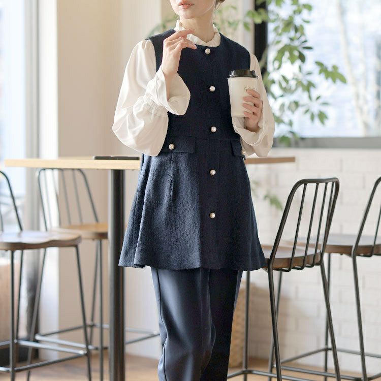 大きいサイズ レディース ツイードペプラムベスト＆テーパードパンツ＆キャンディスリーブブラウス3点セット