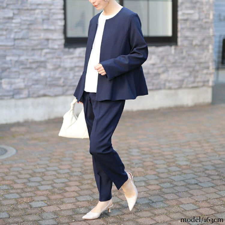 大きいサイズ レディース ペプラムジャケット＆テーパードパンツ＆ネックレス付きブラウス3点セット