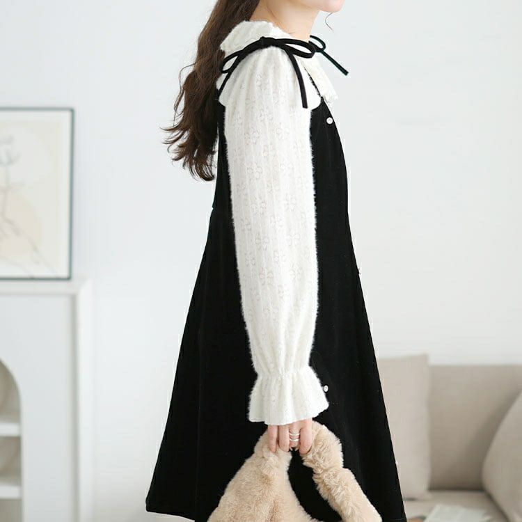 大きいサイズ レディース フリルニットドッキングベロアワンピース