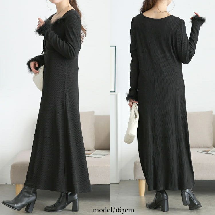 大きいサイズ レディース ハートネック＆ファー付きリブニットロングワンピース
