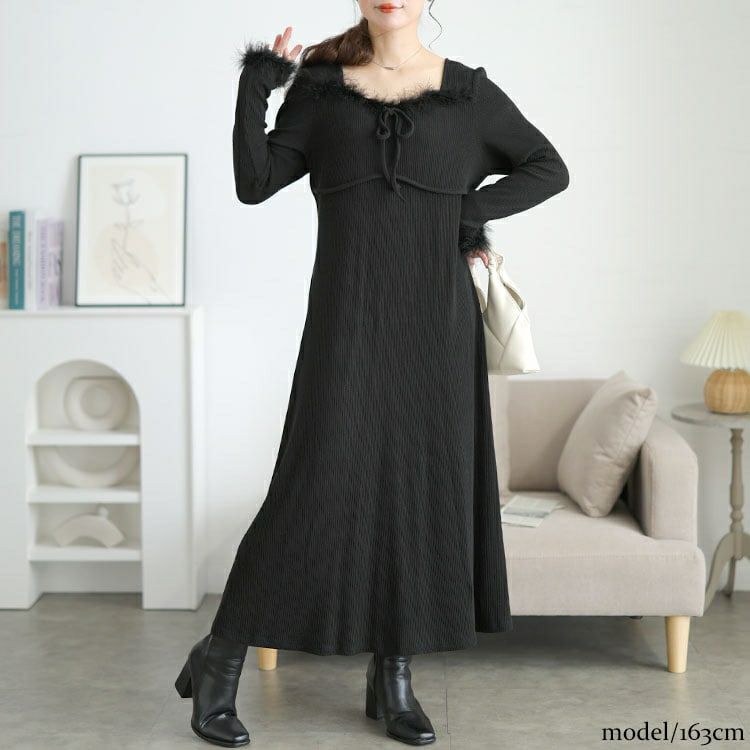 大きいサイズ レディース ハートネック＆ファー付きリブニットロングワンピース