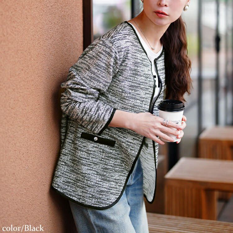 大きいサイズ レディース 配色パイピングラメツイードジャケット