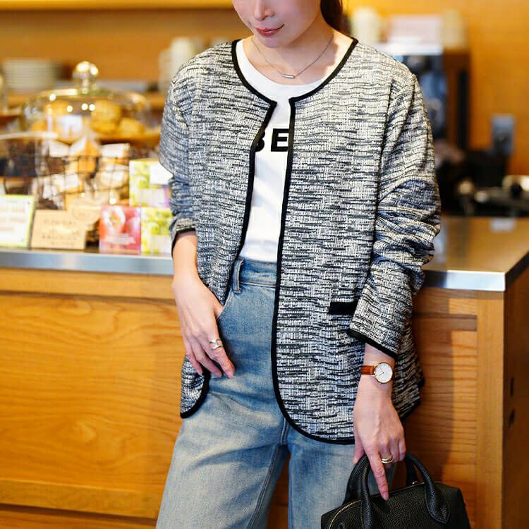 大きいサイズ レディース 配色パイピングラメツイードジャケット