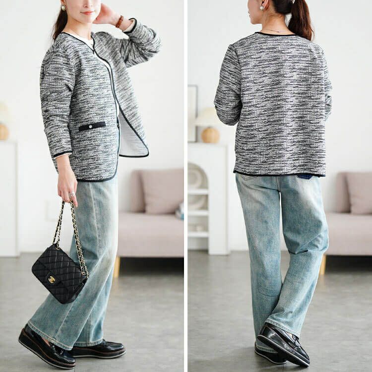 大きいサイズ レディース 配色パイピングラメツイードジャケット