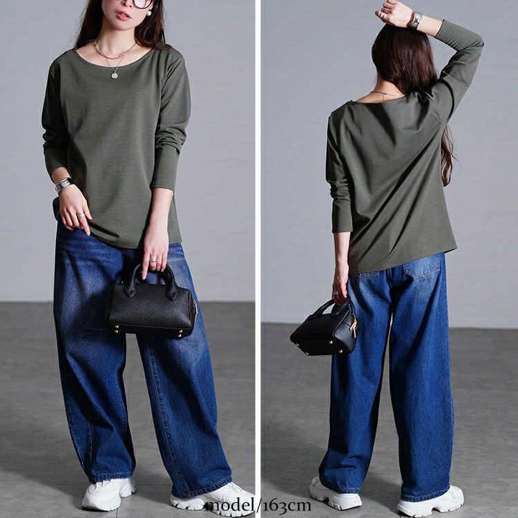 大きいサイズ レディース ワイドラウンドネックロンT