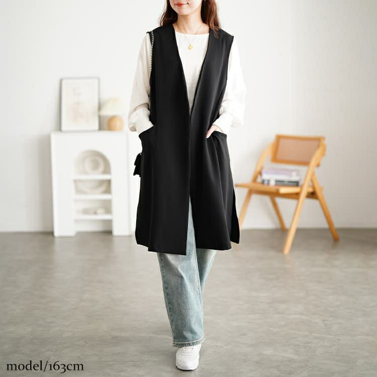 大きいサイズ レディース サイドスリットポケット付きロングジレ