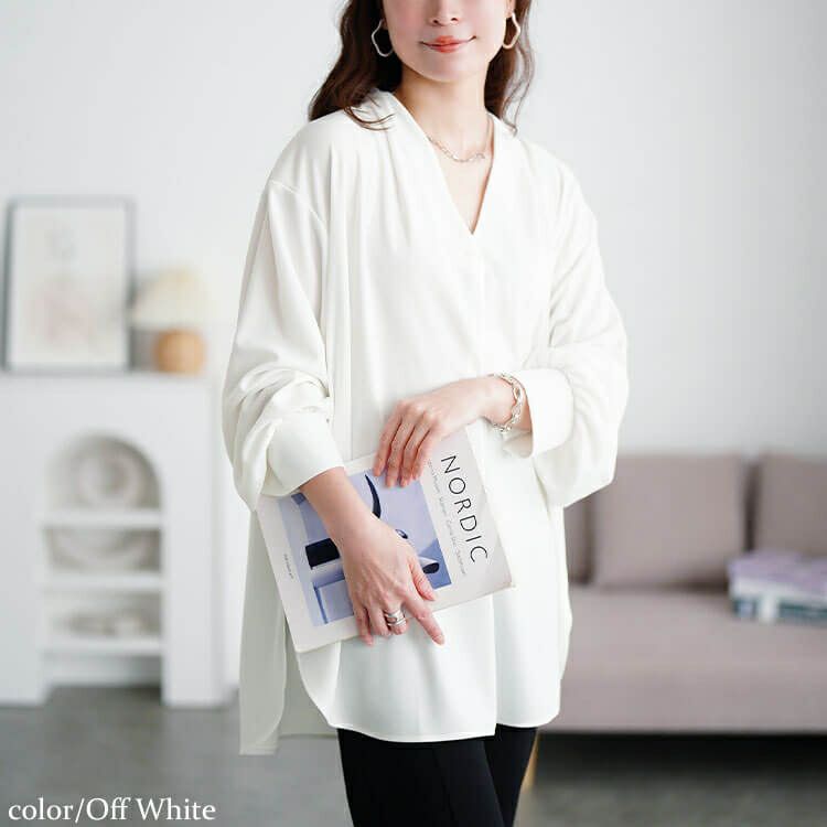 大きいサイズ レディース Vネックパール付き胸タックプルオーバー