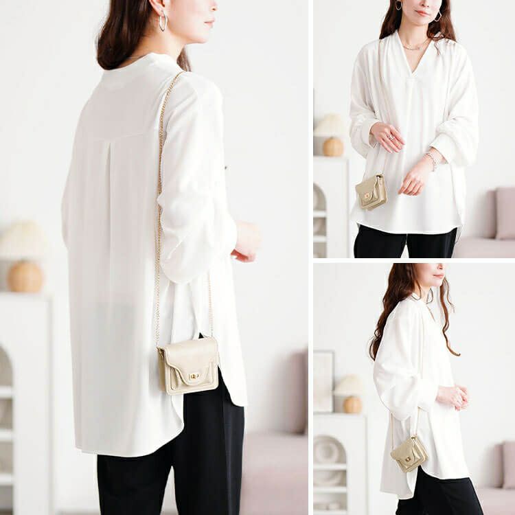 大きいサイズ レディース Vネックパール付き胸タックプルオーバー