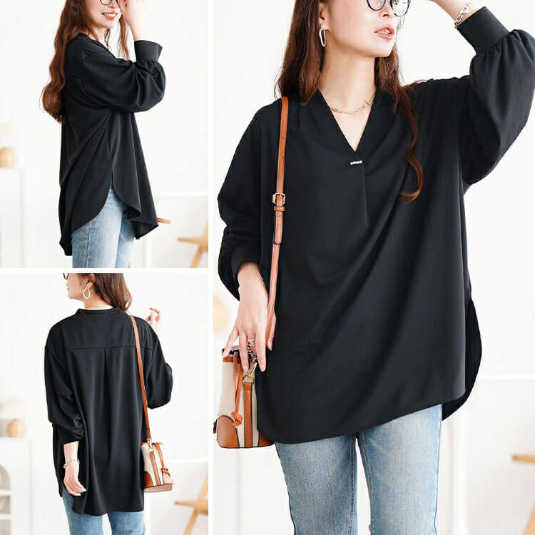 大きいサイズ レディース Vネックパール付き胸タックプルオーバー