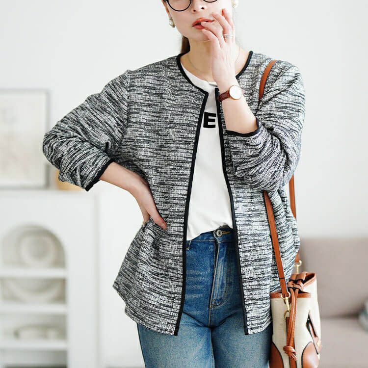 大きいサイズ レディース ラメツイードノーカラーペプラムジャケット