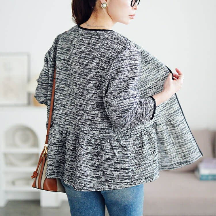 大きいサイズ レディース ラメツイードノーカラーペプラムジャケット