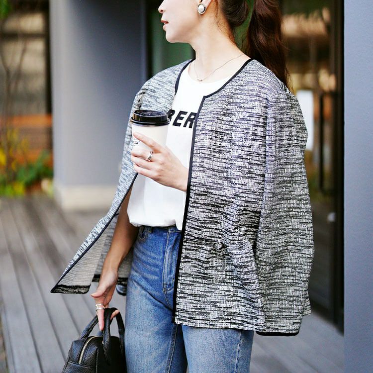 大きいサイズ レディース ラメツイードノーカラーペプラムジャケット