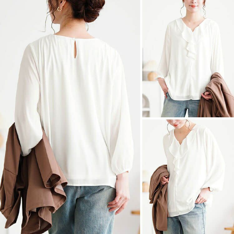 大きいサイズ レディース ゴールドパーツ付きラッフルブラウス