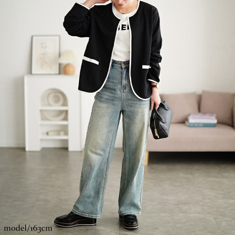 大きいサイズ レディース 配色パイピングノーカラージャケット