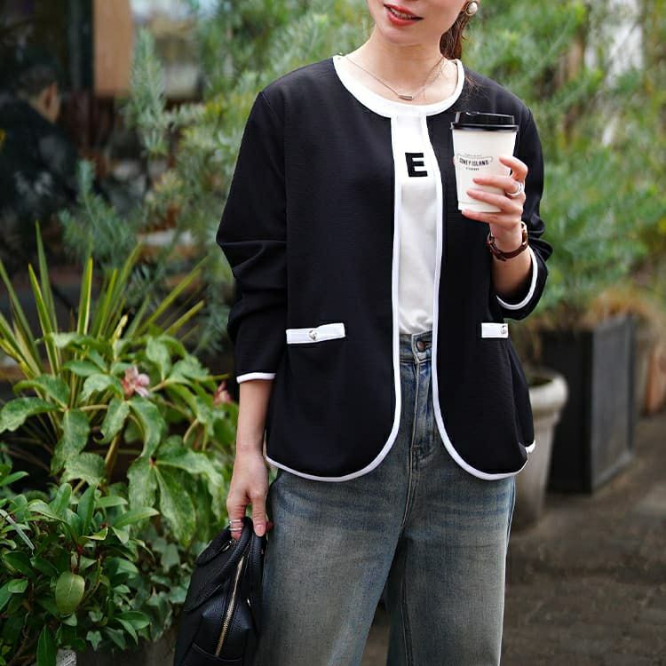 大きいサイズ レディース 配色パイピングノーカラージャケット