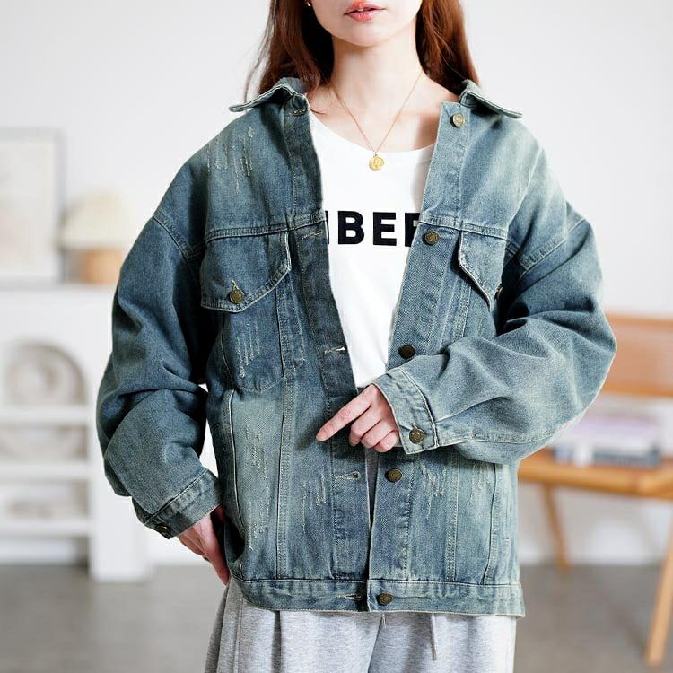 大きいサイズ レディース オーバーサイズダメージデニムジャケット
