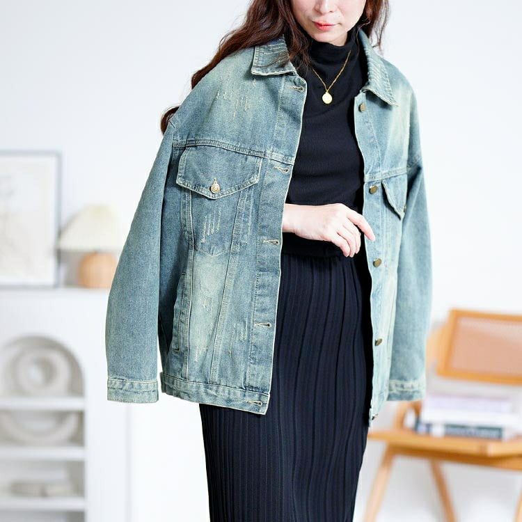 大きいサイズ レディース オーバーサイズダメージデニムジャケット