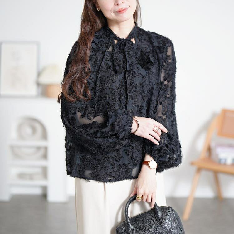 大きいサイズ レディース ボウタイ付きシアージャガードブラウス