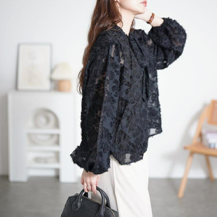 大きいサイズ レディース ボウタイ付きシアージャガードブラウス