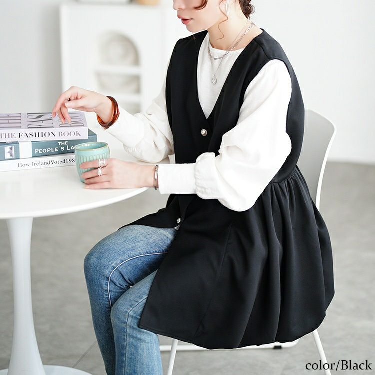 大きいサイズ レディース パールボタンバルーンペプラムベスト