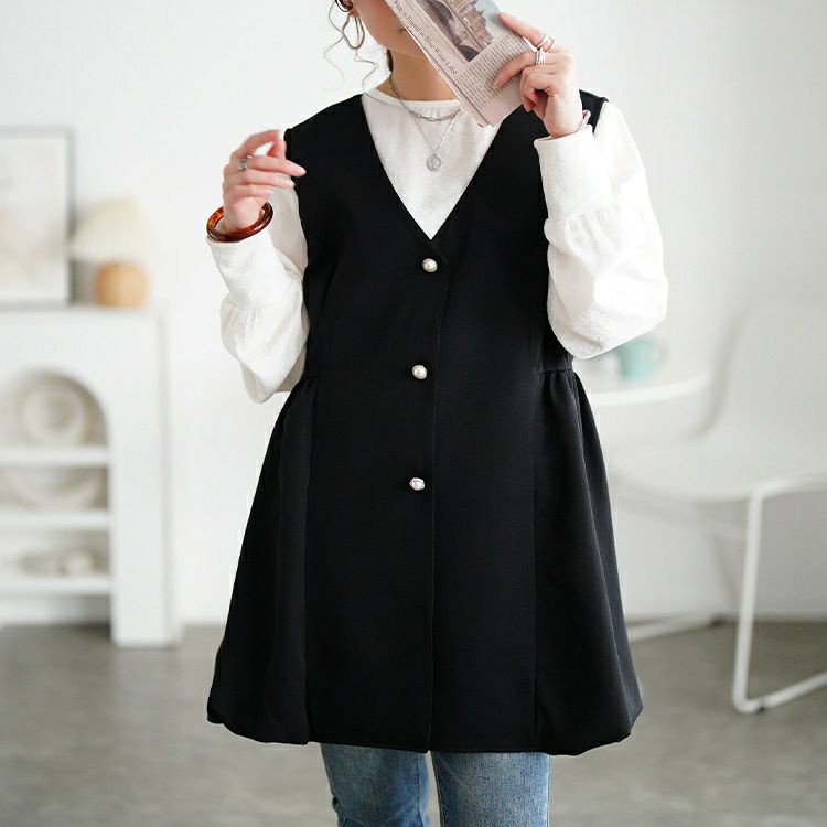 大きいサイズ レディース パールボタンバルーンペプラムベスト