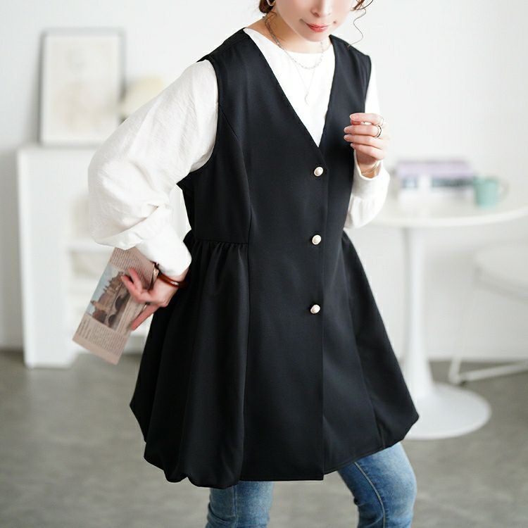 大きいサイズ レディース パールボタンバルーンペプラムベスト