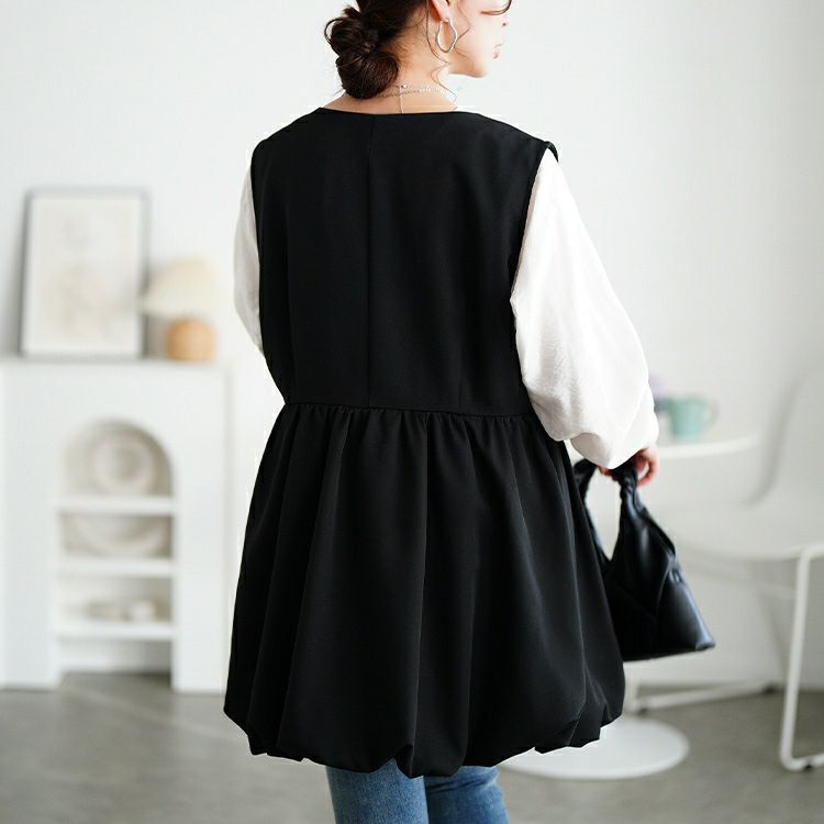 大きいサイズ レディース パールボタンバルーンペプラムベスト