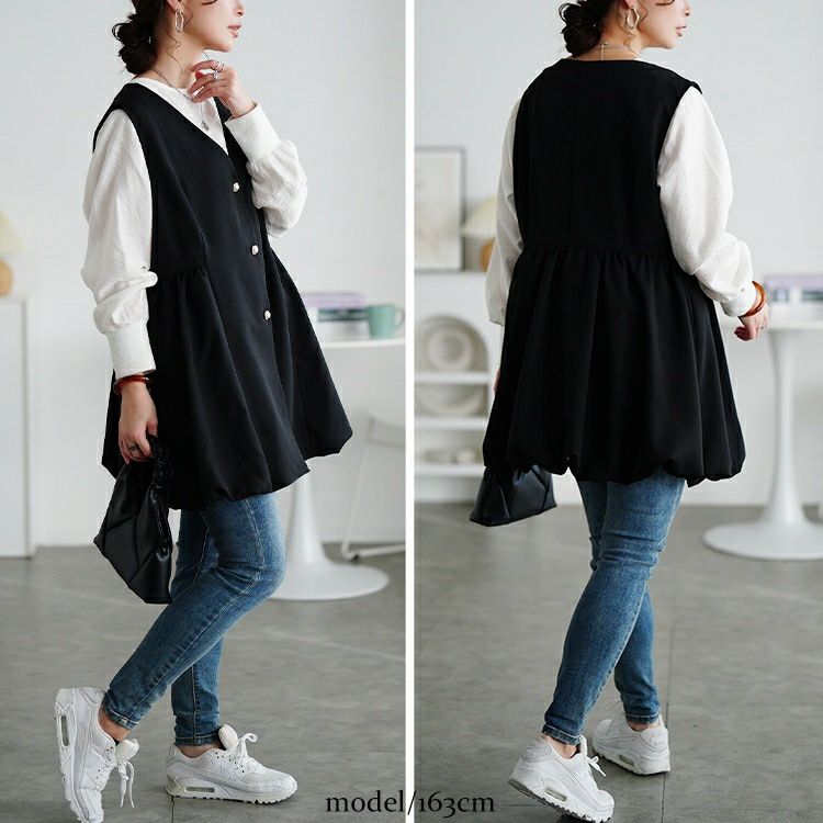 大きいサイズ レディース パールボタンバルーンペプラムベスト