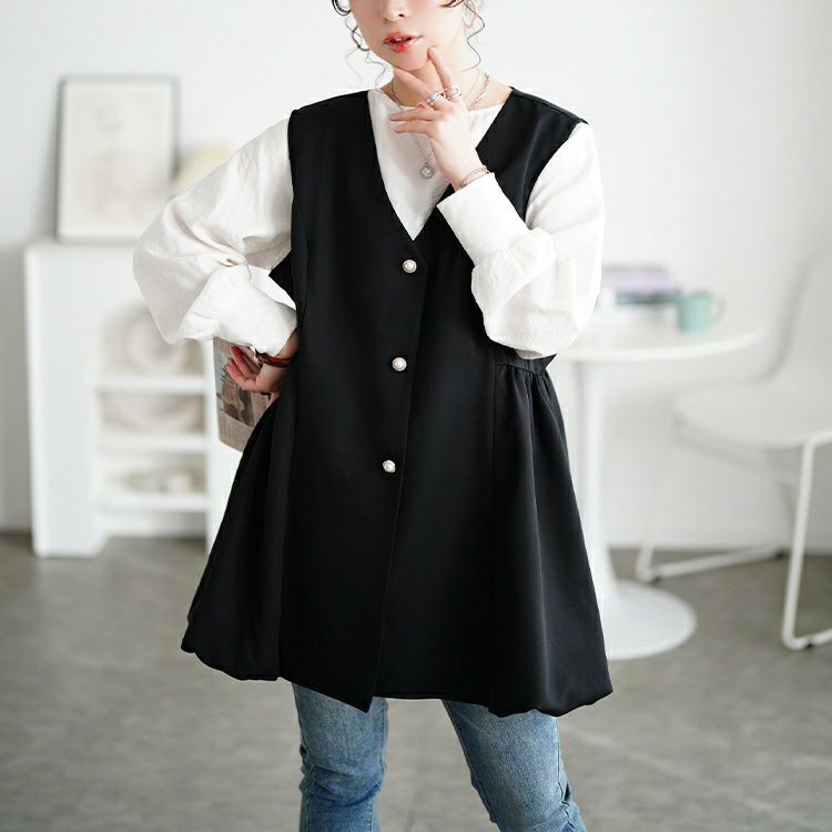 大きいサイズ レディース パールボタンバルーンペプラムベスト