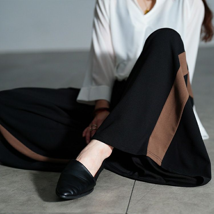 大きいサイズ レディース 配色ラインワイドフレアパンツ