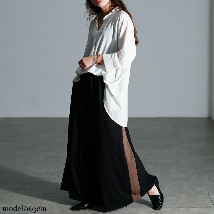 大きいサイズ レディース 配色ラインワイドフレアパンツ